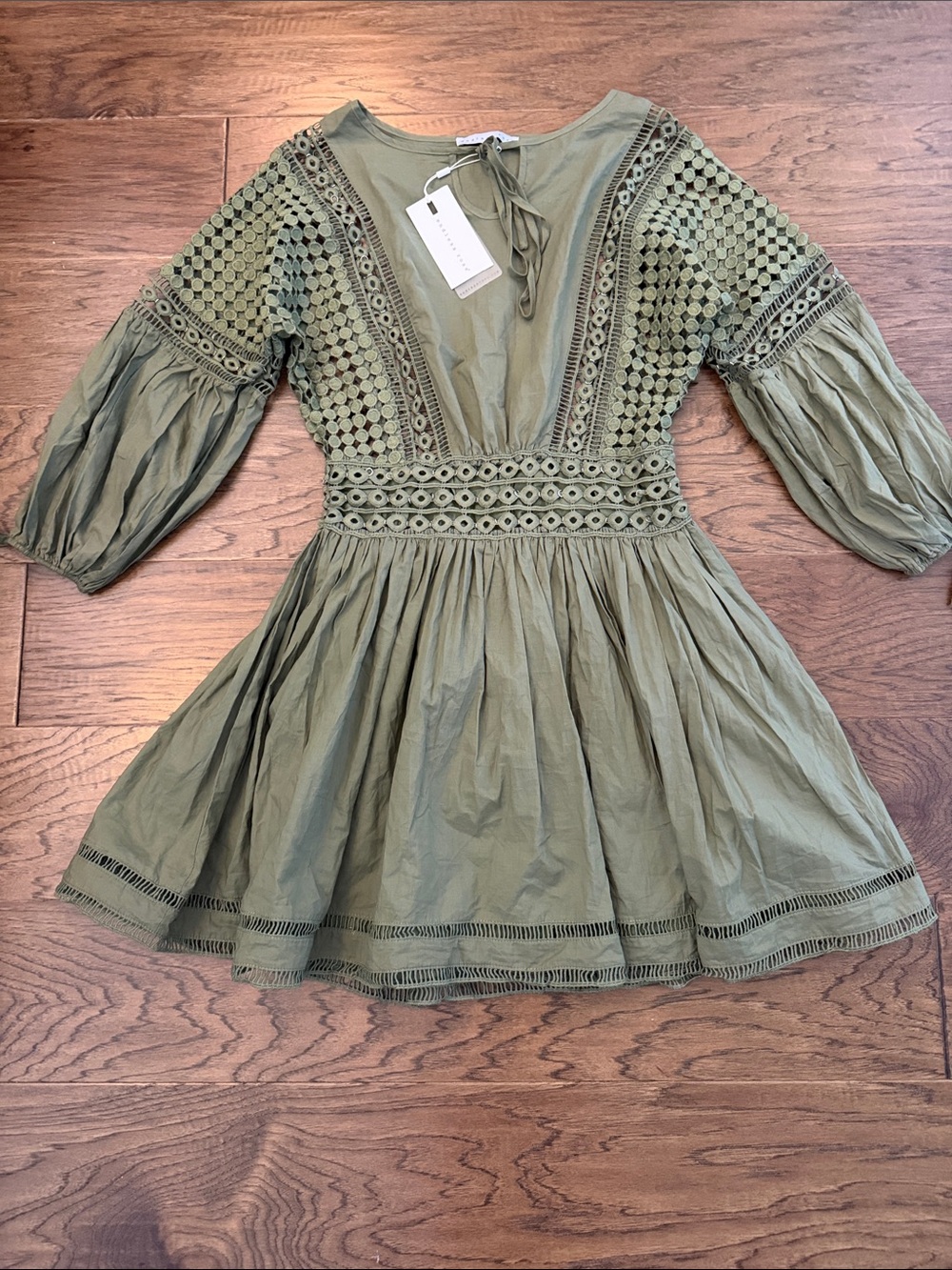 Endless Rose Olive Green Long Sleeve Lace Eyelet Fit-and-Flare Dress M